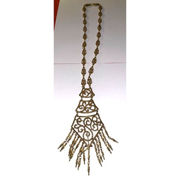 Vintage Monet Gold Filigree Paisley Tassel Statement Necklace 1970S Designer Art - Picture 5 of 16